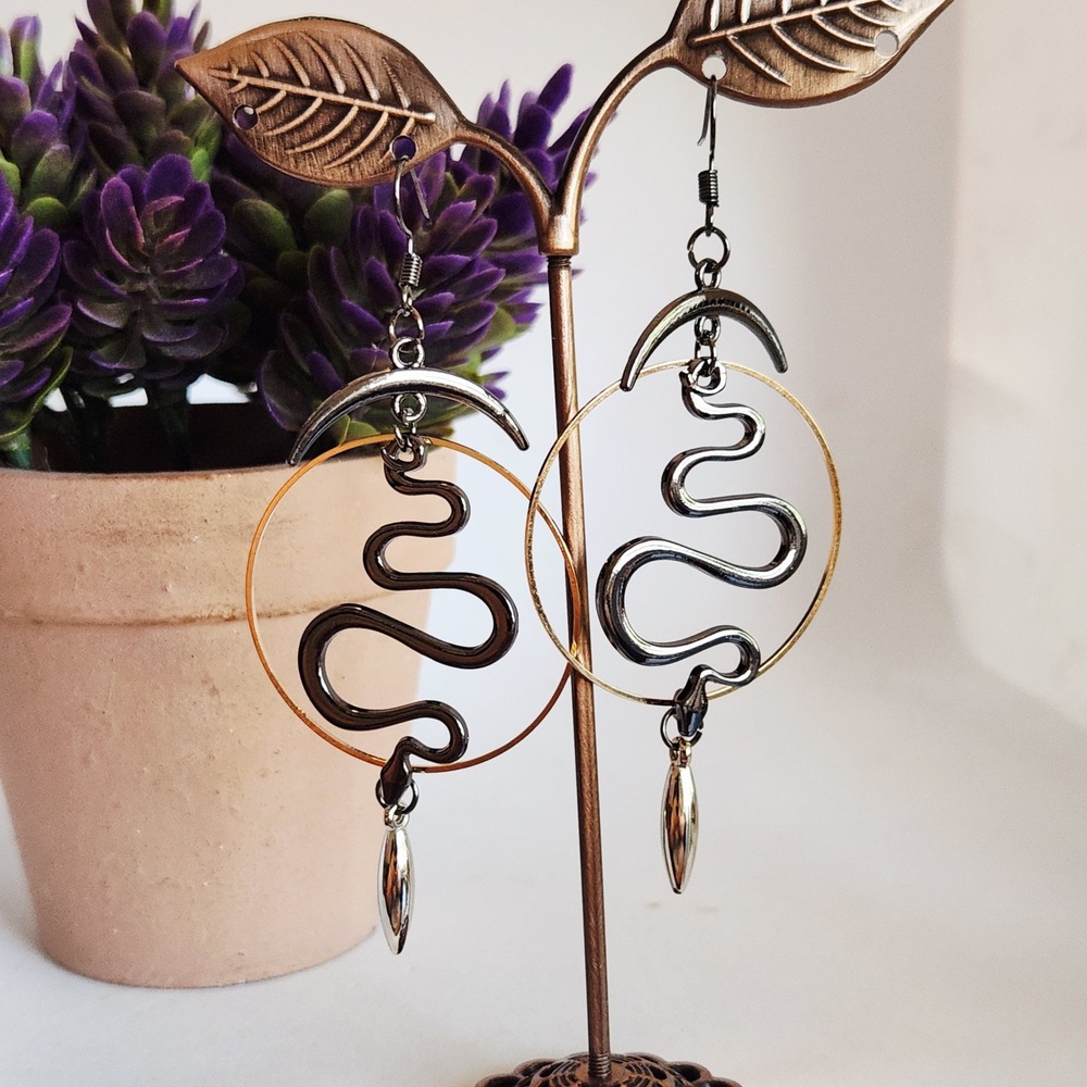 Mixed Metal Snake Crescent Moon Hoop Drop Earrings Celestial Serpent Jewelry